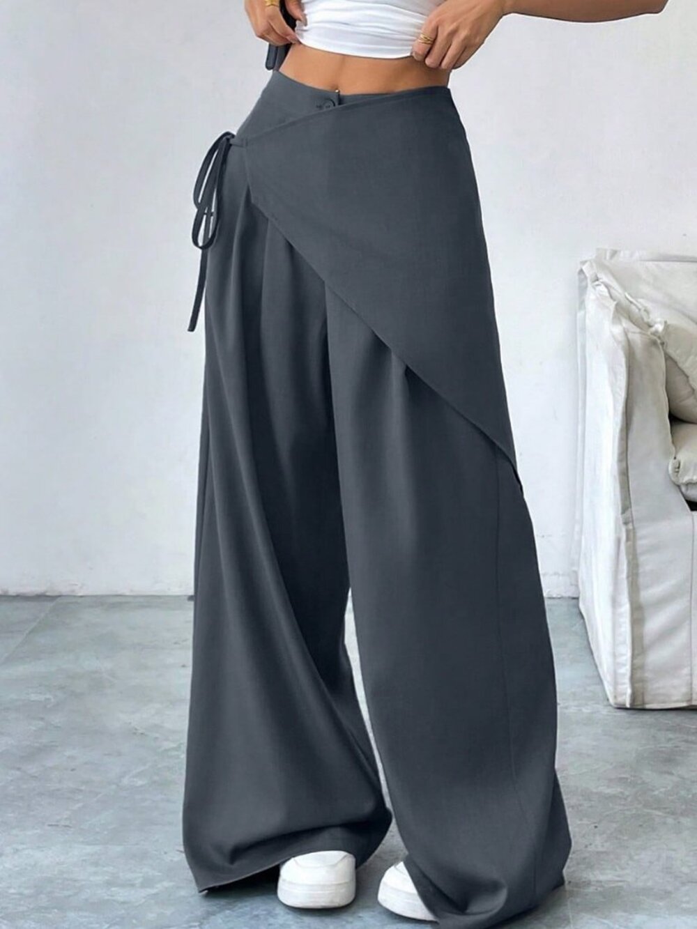 Dark Grey Casual Women's Lace-Up Wide-Leg Pants - Picture 3 of 7